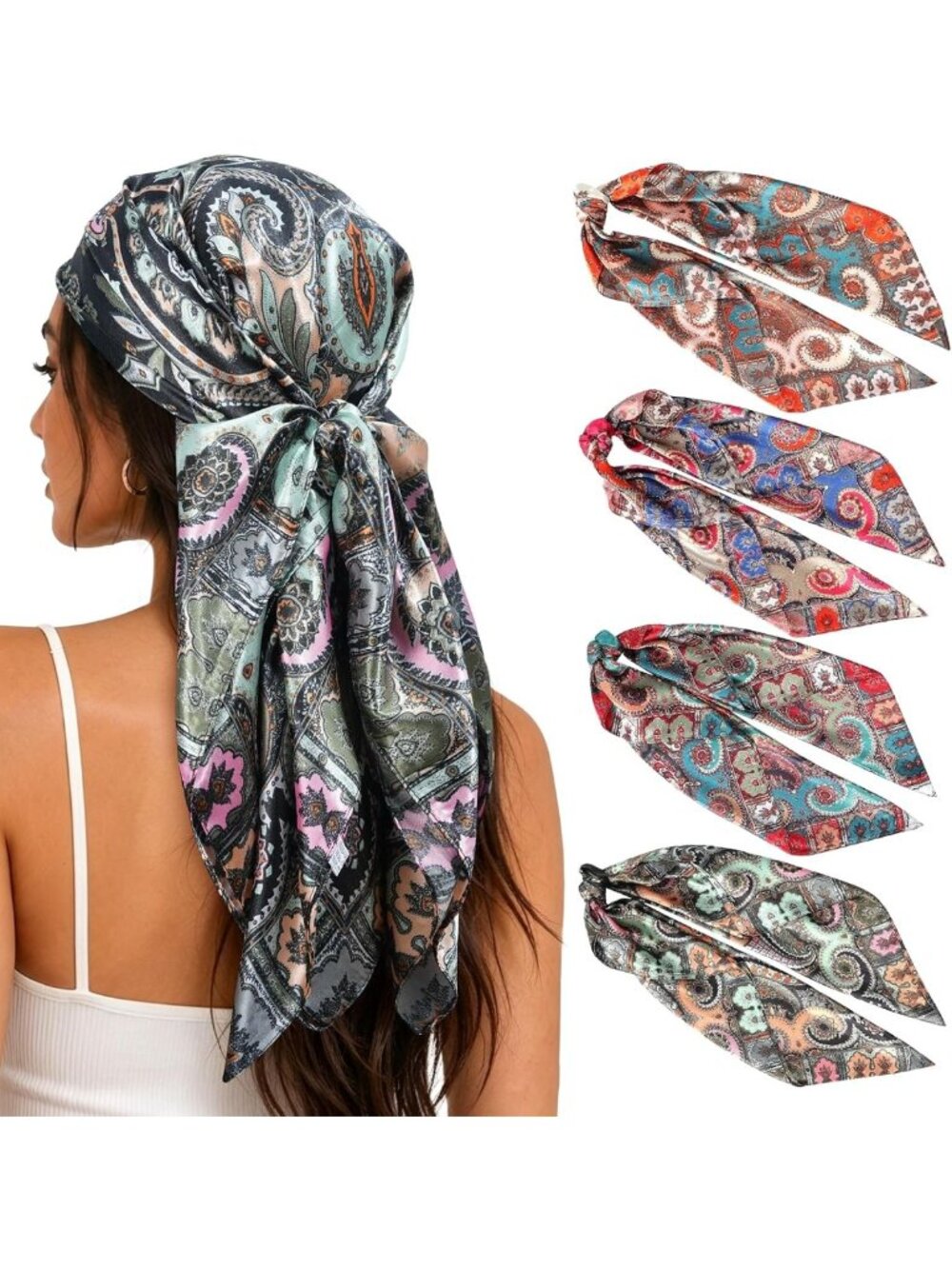4-Pack 35" Satin Hair Scarves for Women - Silk-like Bandanas & Head Wraps